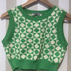 Zara Green and Cream Geometric Crop Top Sweater Vest